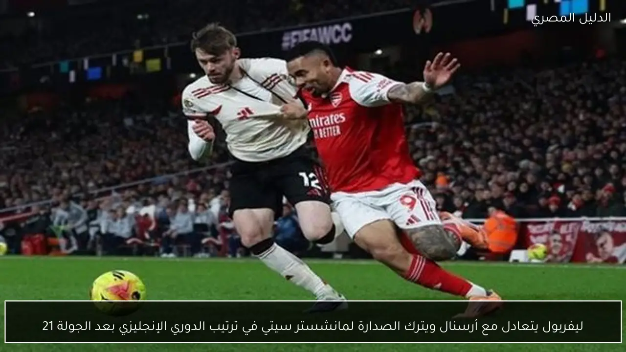 ليفربول يتعادل مع أرسنال ويترك الصدارة لمانشستر سيتي في ترتيب الدوري الإنجليزي بعد الجولة 21